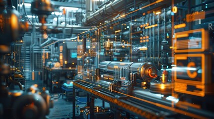 Industry 4.0 in action within a smart factory with machinery, and robotics in a futuristic industrial setting. Innovation, engineering, and interconnected systems