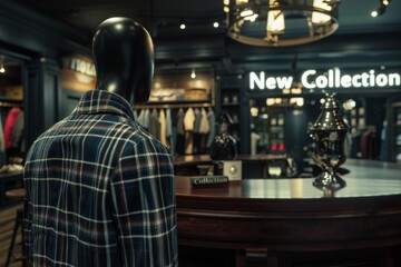 A mannequin in a plaid shirt stands in a boutique display, facing away from the camera and showcasing the new collection.