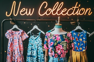 A mannequin stands in a boutique window, showcasing the new collection of colorful, patterned clothing.