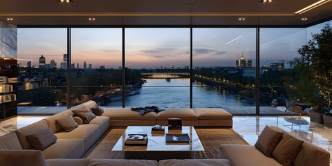Fototapeta premium Modern living room interior with large windows overlooking the river