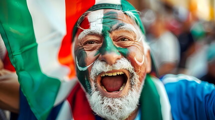 Excited Italian Fan Celebrates National Team Victory Painted Face Flag