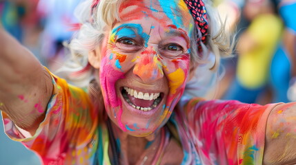 Joyful Woman Celebrating Holi Festival Colorful Paint Smiles