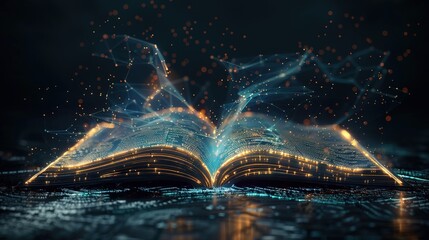 Futuristic technology low polygonal glowing open book isolated on dark background