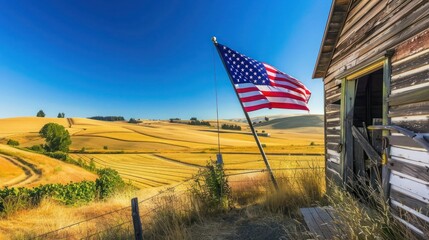 The American flag displayed prominently on a quaint barn in a rural landscape, surrounded by golden fields 