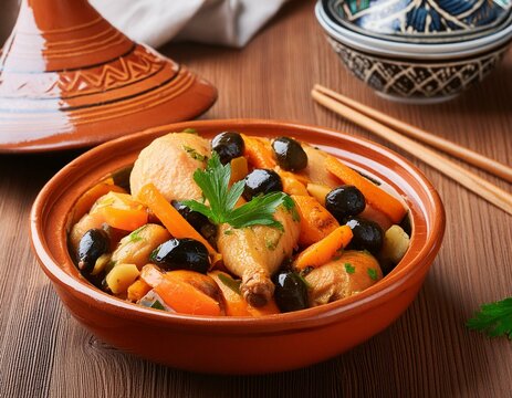 Tajine zitoun is a traditional Moroccan dish made with a combination of chicken pieces, olives, onions, carrots close-up on wooden table