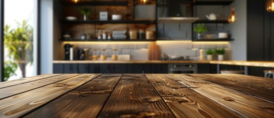 Rustic wooden table top in front of a kitchen with open shelves.
