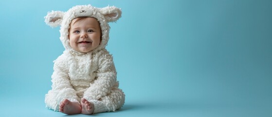 Fototapeta premium Smiling baby in a white sheep costume on a blue background.