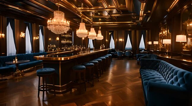 Bar table with luxury blue bar stools. Luxury loft lounge bar interior