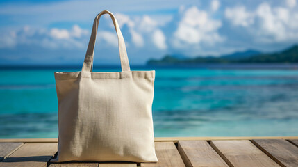 Blank cotton beach bag with ocean and palm trees in the background. Vacation and travel concept. Template for product advertisement.