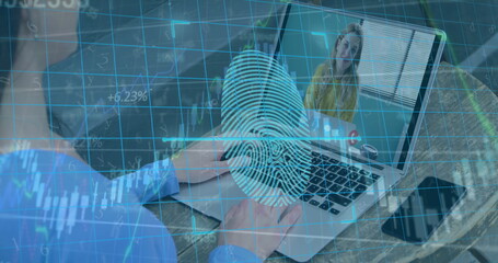 Image of data processing and security fingerprint over woman using laptop