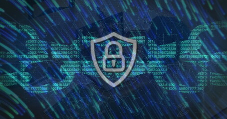 Image of data processing and security padlock over woman using laptop