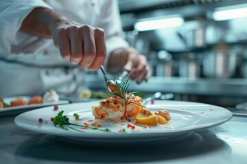 A gourmet chef plating a delicate seafood dish in a high-end restaurant kitchen, showcasing culinary art and attention to detail.