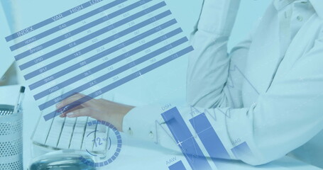 Image of statistics and data processing over asian businesswoman using phone headset