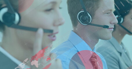 Image of statistics and data processing over diverse business people using phone headsets