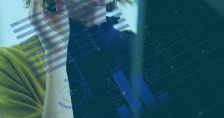 Image of statistics and data processing over caucasian businesswoman using phone headset