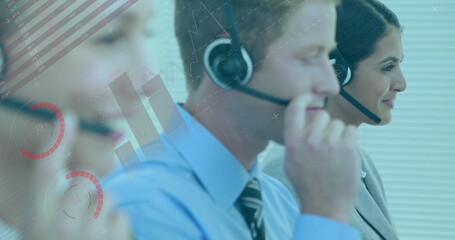 Image of statistics and data processing over diverse business people using phone headsets