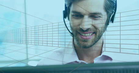 Image of statistics and data processing over diverse business people using phone headsets