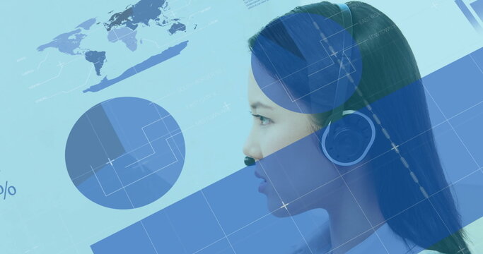 Image of statistics and data processing over asian businesswoman using phone headset