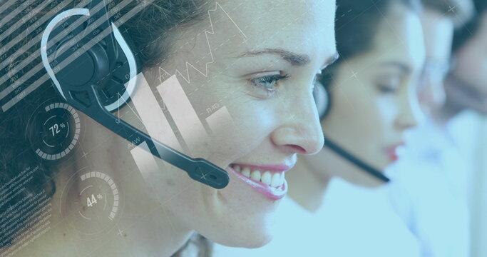 Image of statistics and data processing over caucasian businesswoman using phone headset