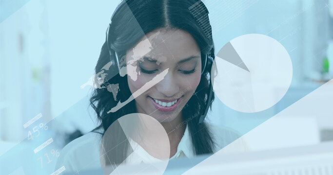 Image of statistics and data processing over biracial businesswoman using phone headset