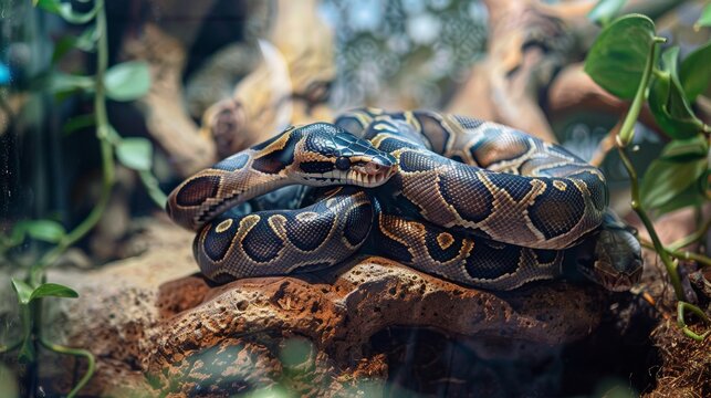 Two ball pythons curled up together in a terrarium, their intricate patterns creating a captivating image.