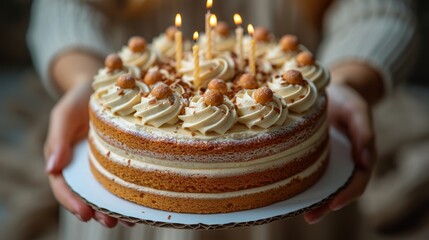 Office birthday celebration  colleagues surprising worker with cake and gifts at corporate party
