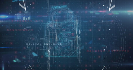 Image of data processing and padlock on blue background