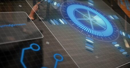 Image of processing circle over digital screen and people walking in office, copy space