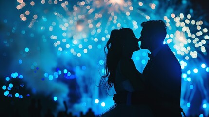 Silhouettes of a bride and groom in front of a nighttime fireworks display