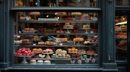 A Parisian patisserie window filled with exquisite pastries and macarons, drawing passersby with its elegant display and sweet scents.
