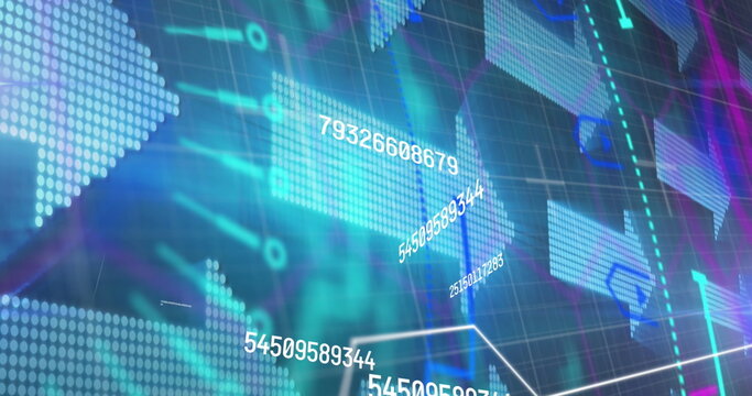 Image of processing circle over changing numbers and arrows on navy background, copy space - Powered by Adobe