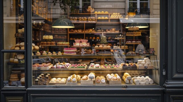 A Parisian patisserie window filled with exquisite pastries and macarons, drawing passersby with its elegant display and sweet scents.