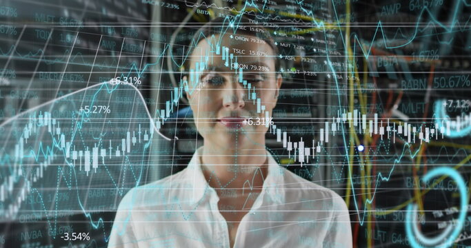 Image of financial data processing over caucasian businesswoman in server room