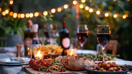 A rustic Italian dinner table set outdoors, laden with homemade pasta, freshly baked bread, and bottles of local wine, under string lights.