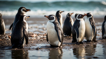 Obraz premium penguins, covered in oil, huddle together on a dark, polluted beach, struggling to move and find clean water