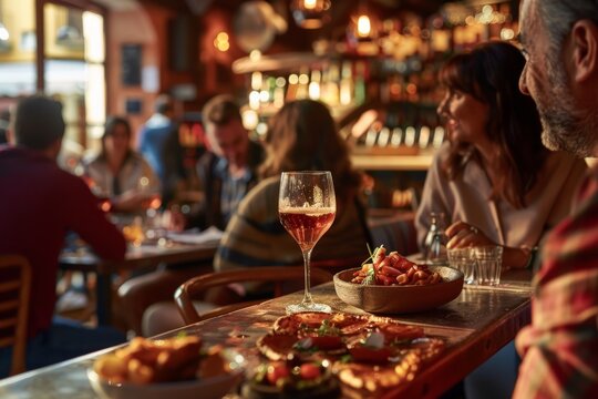 A tapas bar in Spain, with patrons enjoying small plates like chorizo, patatas bravas, and gambas al ajillo, surrounded by lively conversation.