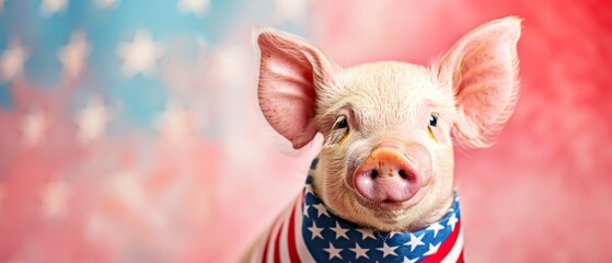 A cute piglet wearing an American flag bandana is sitting in front of an American flag. The piglet is looking at the camera with a curious expression.