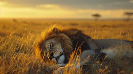 A lion curled up on the savanna, its powerful body radiating strength and peacefulness.