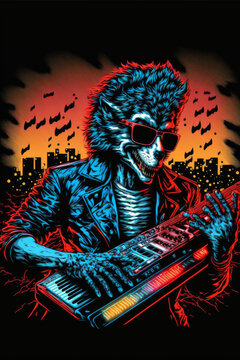 Teen wolf with sunglasses playing Roland axe keytar neon vector