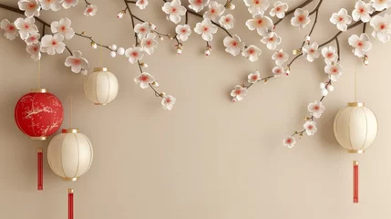 Acrylglasbilder Muster 3d realistic chinese background new year the design in the middle is empty, there cloud illustration, branch and flowers, the flower with white and red colors, hanging chinese lampion, chinese seamles  © imlane