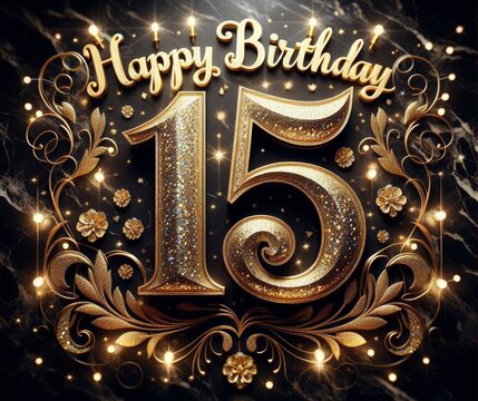 Elegant 'Happy Birthday 15' celebration sign with golden glitter and ornate decorations.