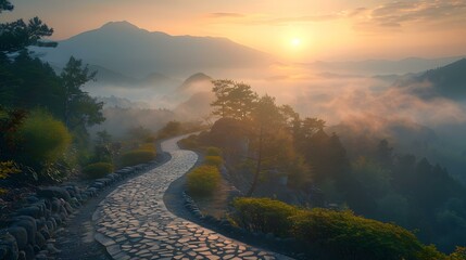 A stone path winds through a lush green forest with a beautiful mountain backdrop