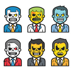 Six zombie businessmen portraits, cartoon zombies wearing suits, colorful undead characters. Zombie office workers, collection corporate zombies, horror themed vector characters. Bright cartoon