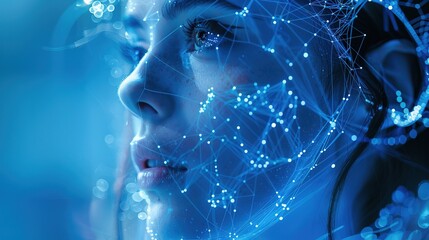 Neural network of big data and artificial intelligence circuit board in the head and face of a blue woman