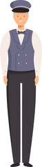 Smiling hotel porter standing upright, ready to assist guests with their luggage and provide excellent customer service