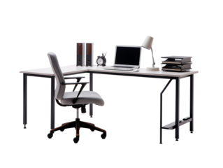 a desk with a laptop and a chair