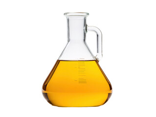 a glass beaker with yellow liquid