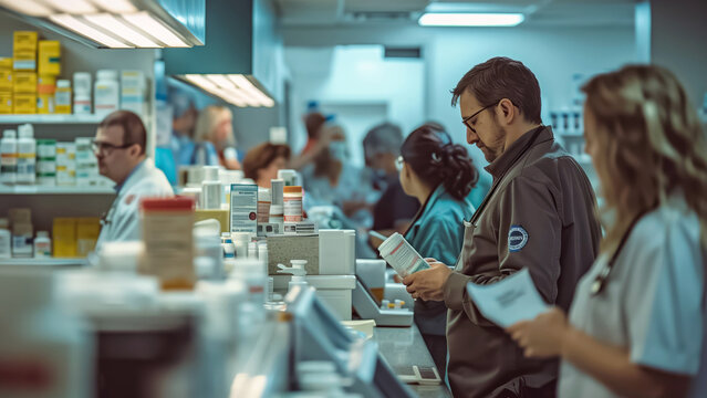 In a bustling pharmacy, professionals work among medication bottles, exuding a fastpaced workflow and attentive patient care, reflecting a dynamic healthcare setting