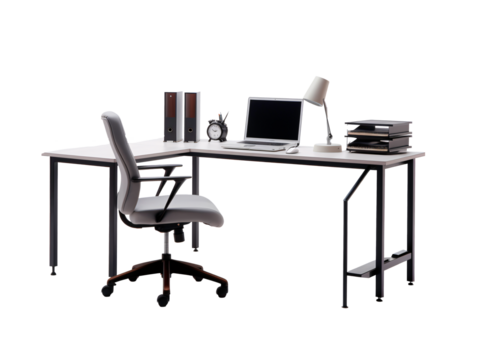 a desk with a laptop and a chair