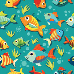 Fototapeta premium Childrens Ocean Life Seamless Repeating Pattern fish seamless